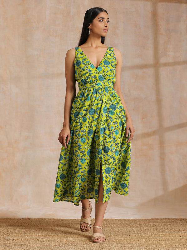 trueBrowns Lime Green Overall Teal Floral Block Print Cotton Sleeveless Wrap Dress - Distacart