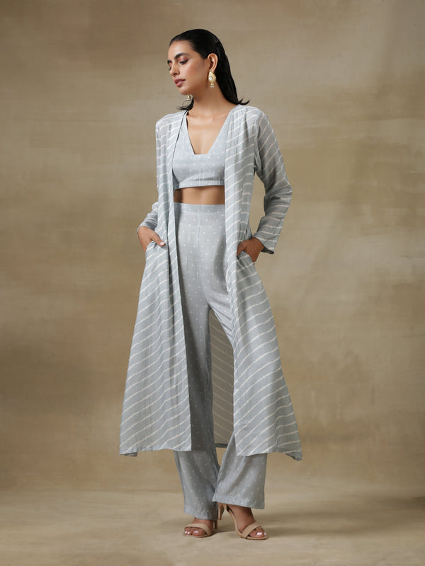 trueBrowns Grey Bandhani Printed Silk Overlay Jacket Blouse Pant Set - Distacart