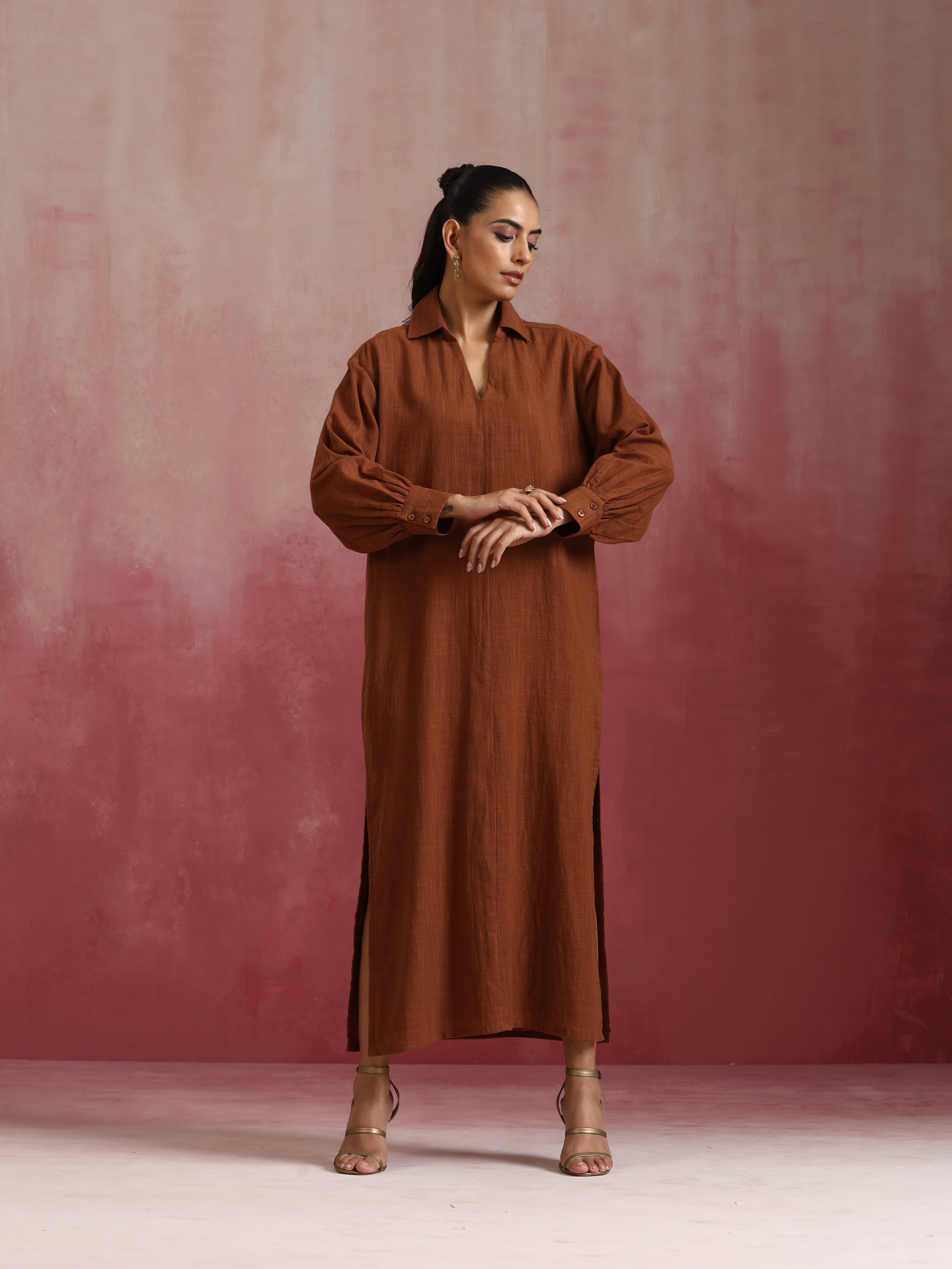 trueBrowns Brown Cotton Dobby Dress - Distacart