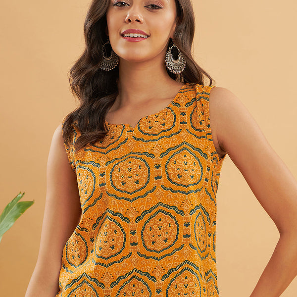 InWeave Haldi Yellow Mughal Kalamkari W/U Top - Distacart