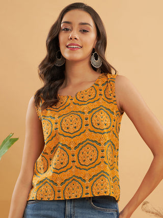 InWeave Haldi Yellow Mughal Kalamkari W/U Top