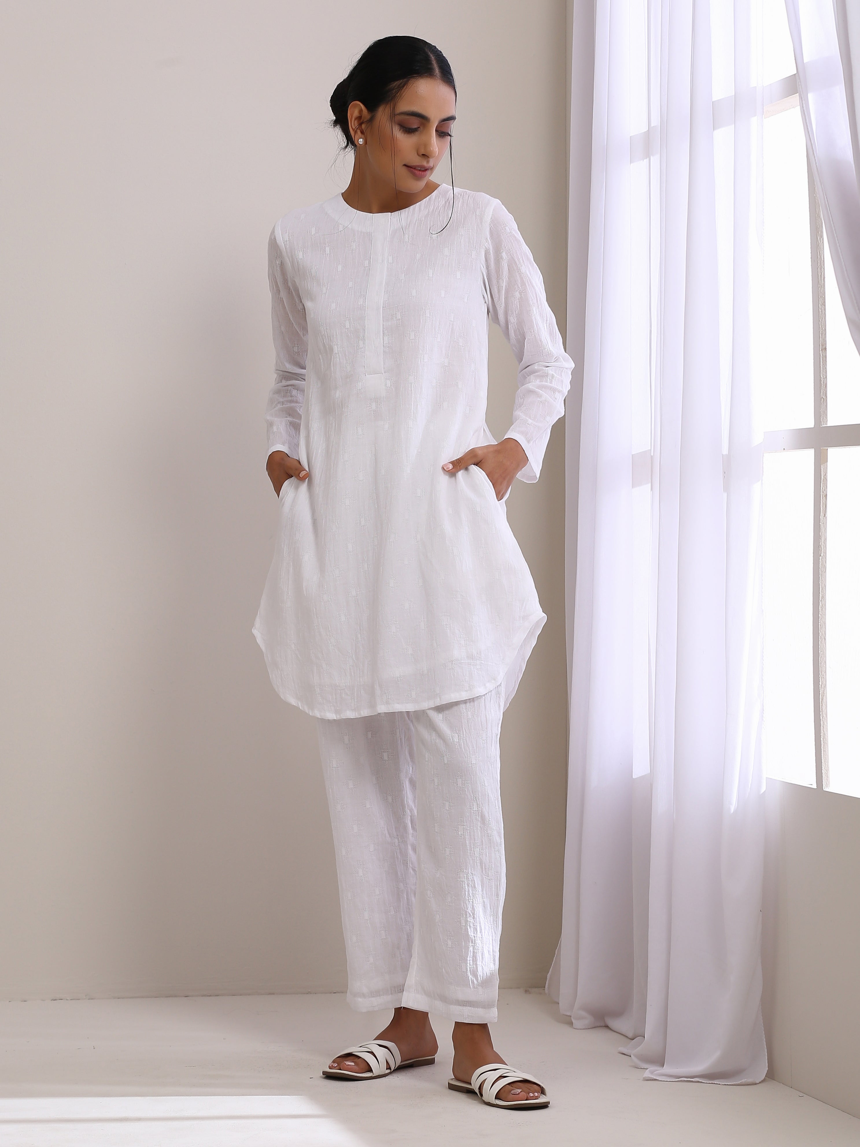 trueBrowns White Dobby Front Placket Co-Ord Set - Distacart