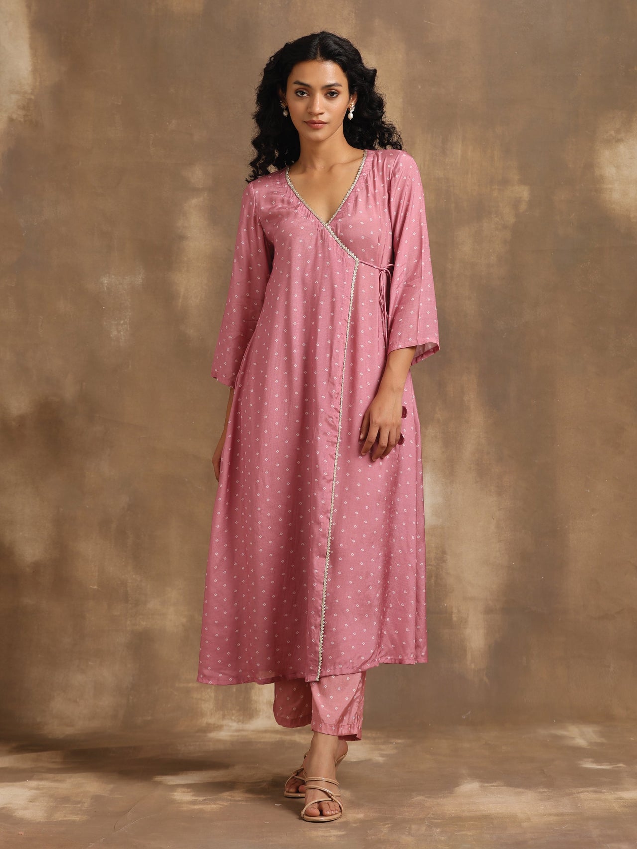 trueBrowns Light Mauve Bandhani Printed Silk Angrakha Kurta Pant Set - Distacart