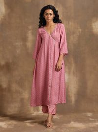 Thumbnail for trueBrowns Light Mauve Bandhani Printed Silk Angrakha Kurta Pant Set - Distacart