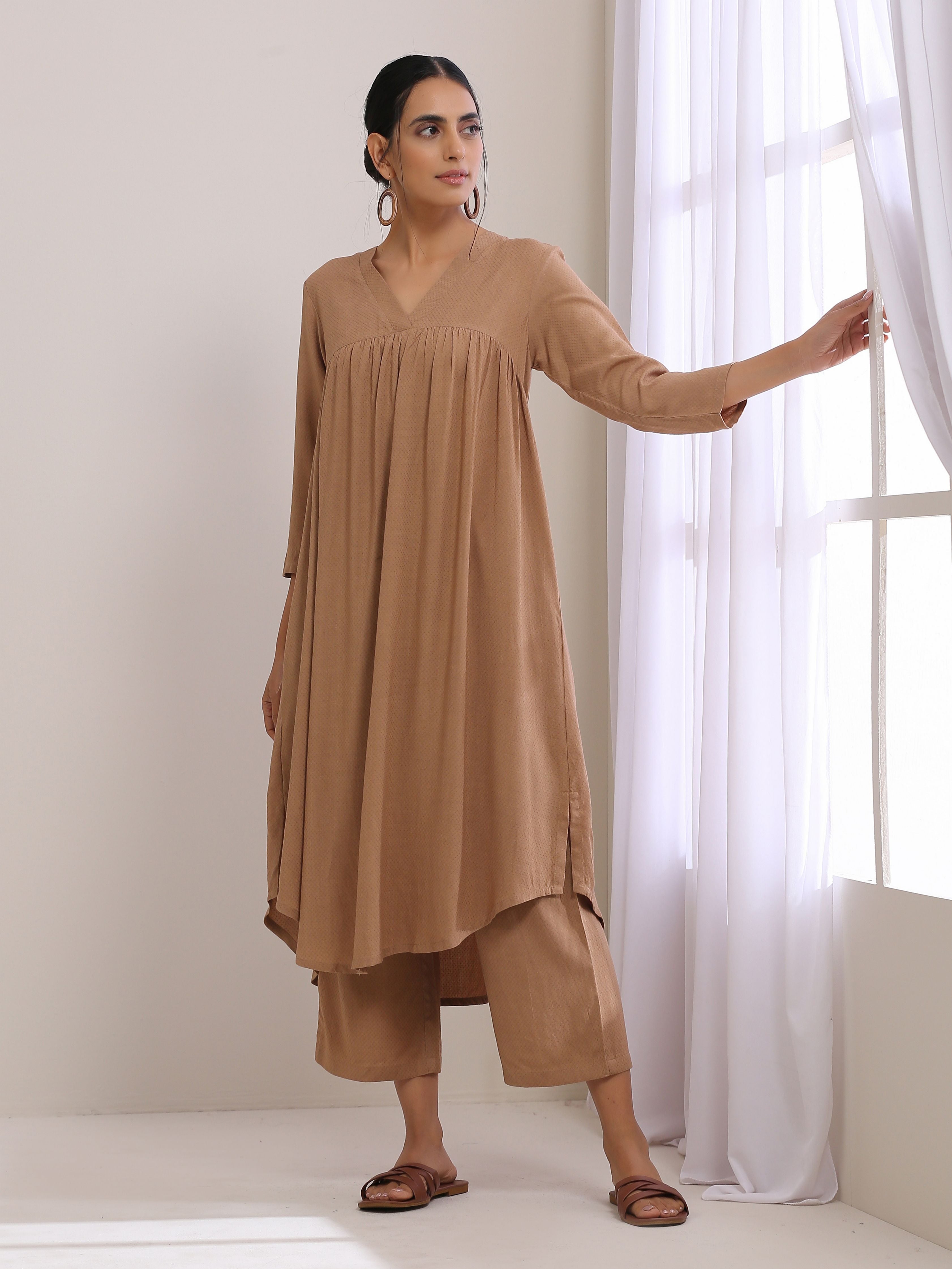 trueBrowns Beige Dobby Gathered Kurta Pant Set - Distacart