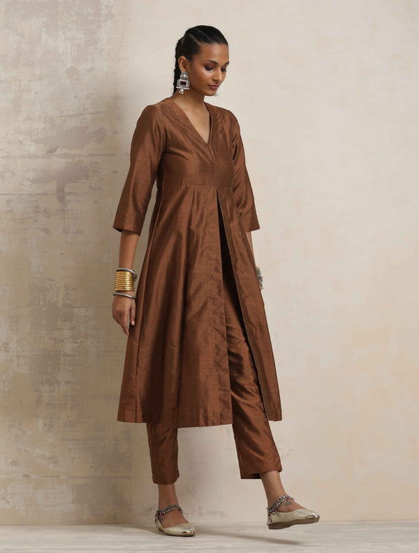 trueBrowns Brown Silk Slit Kurta Set - Distacart