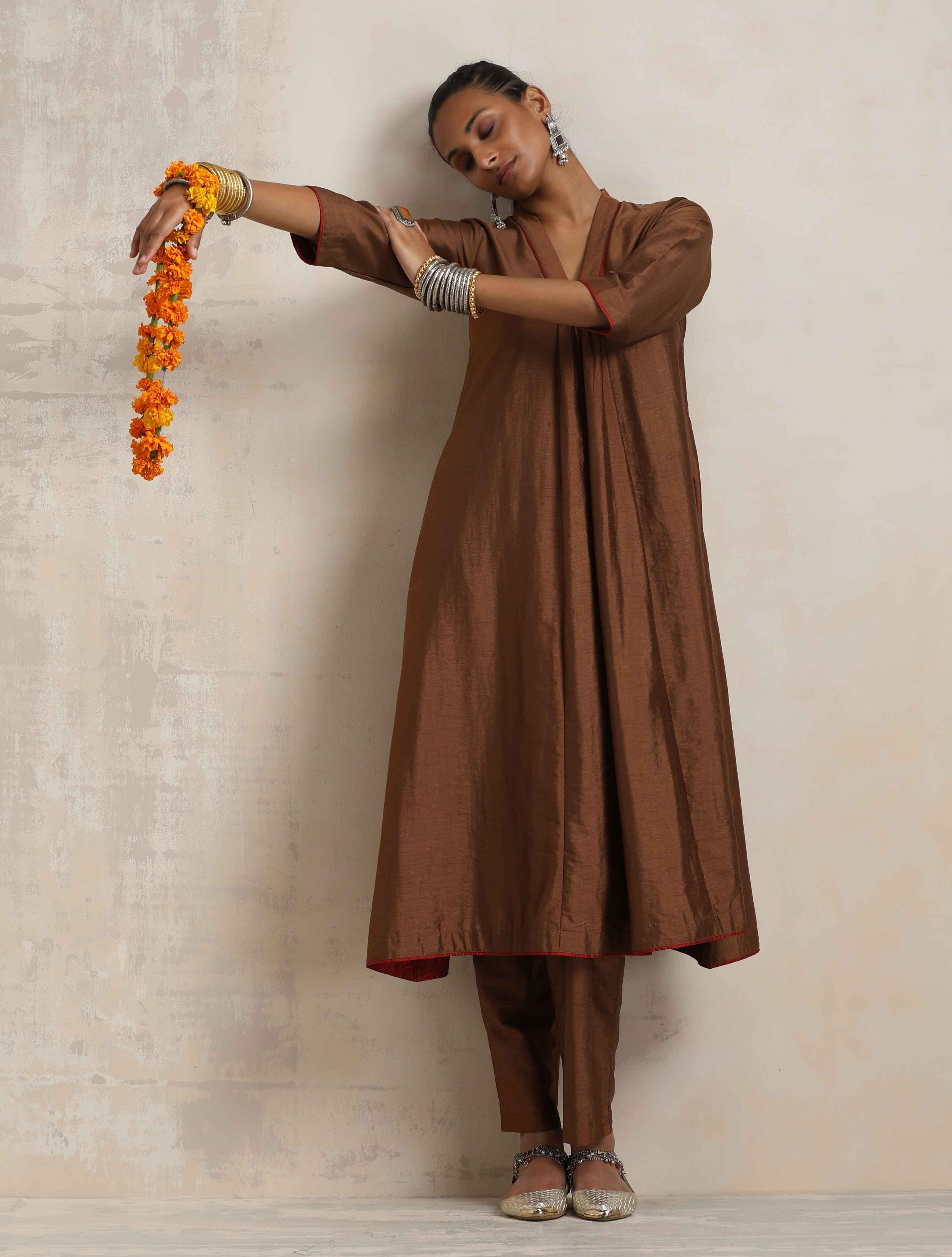trueBrowns Brown Silk Kurta Set - Distacart