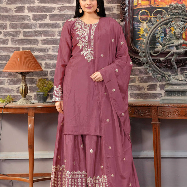 Yash Enterprise Floral Embroidered Chinon Silk Pink Readymade Salwar Suit