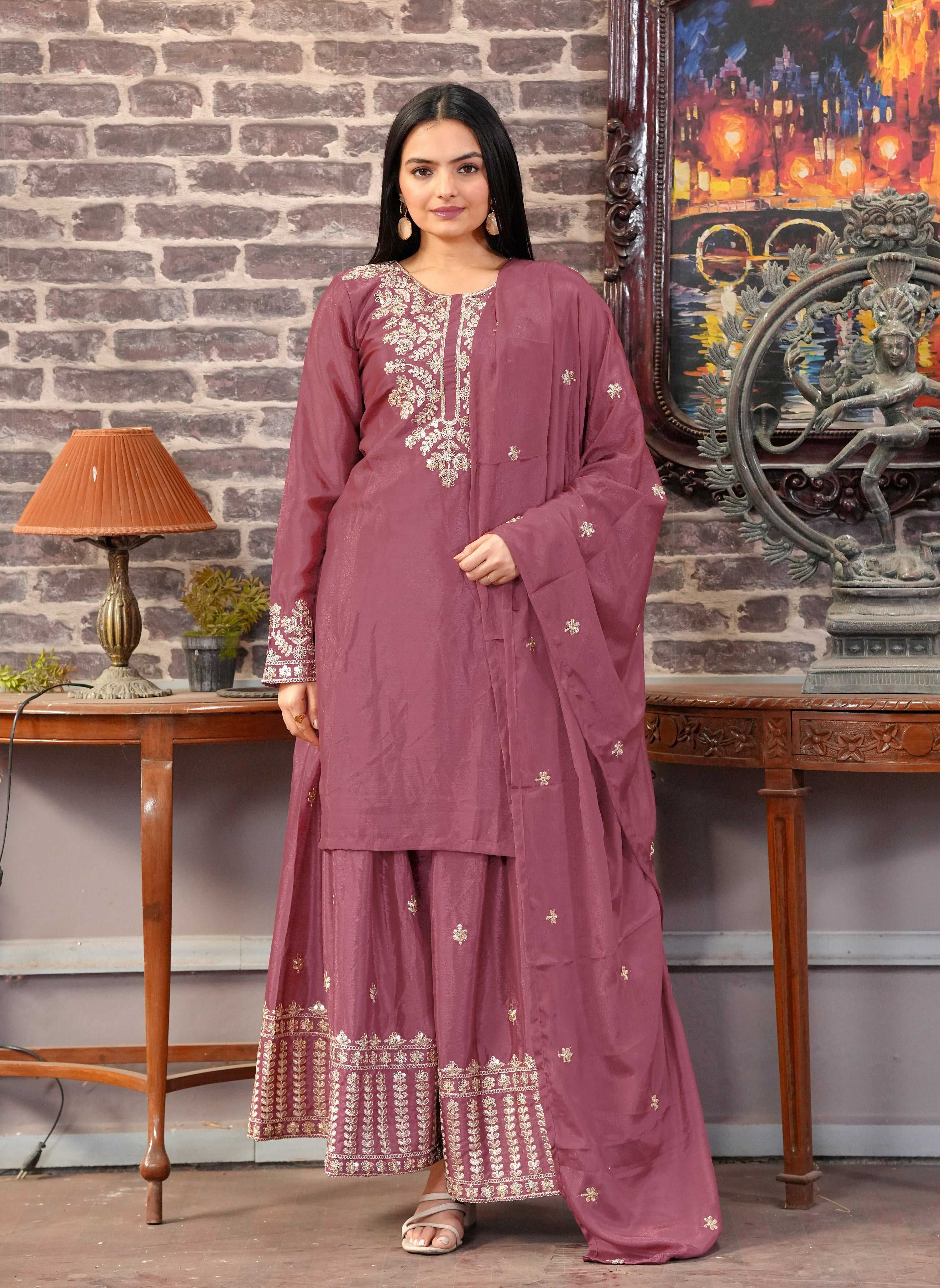 Yash Enterprise Floral Embroidered Chinon Silk Pink Readymade Salwar Suit