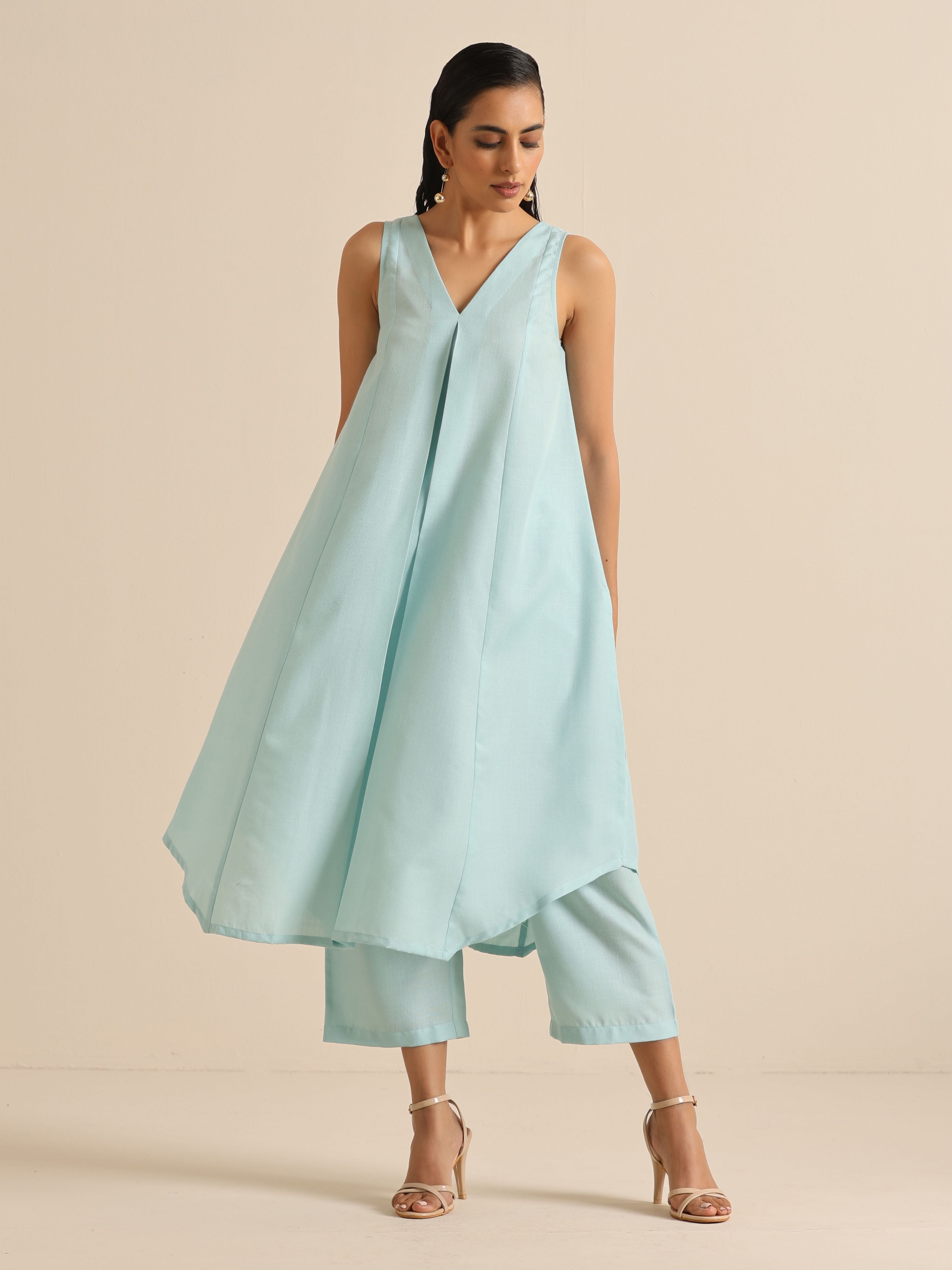 trueBrowns Sky Blue Slub Sleeveless Flared Kurta Pant Set - Distacart