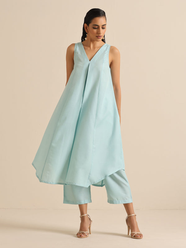 trueBrowns Sky Blue Slub Sleeveless Flared Kurta Pant Set - Distacart
