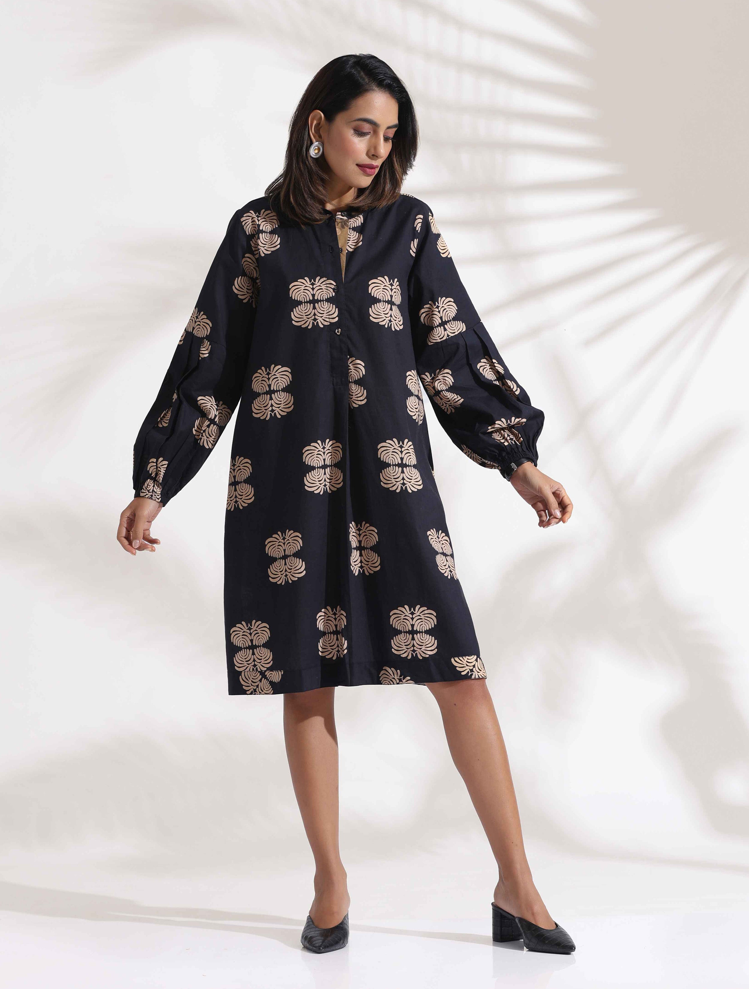 trueBrowns Black Cotton Print Short Dress - Distacart