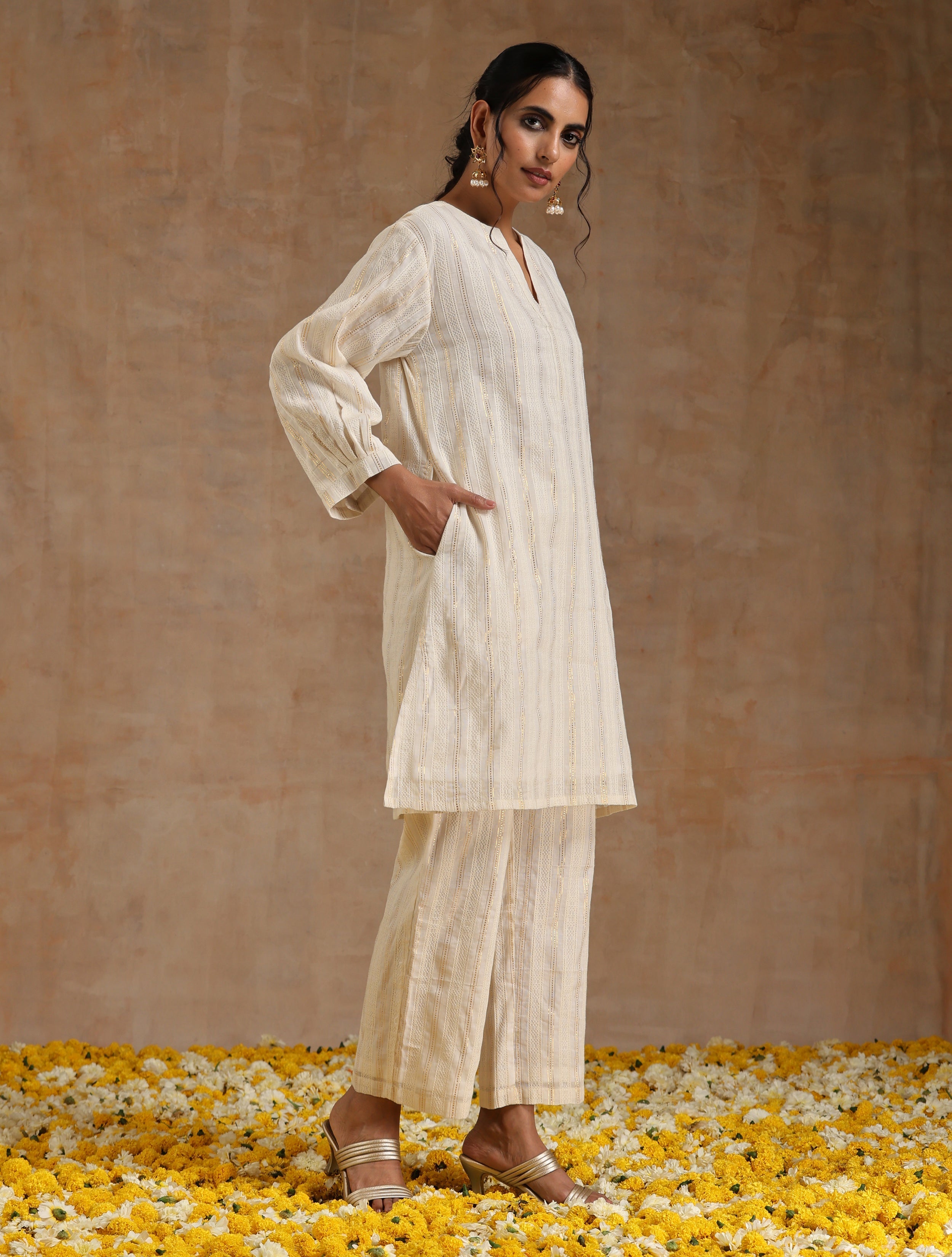 trueBrowns Ivory Gold Cotton Relaxed Co-Ord Set - Distacart