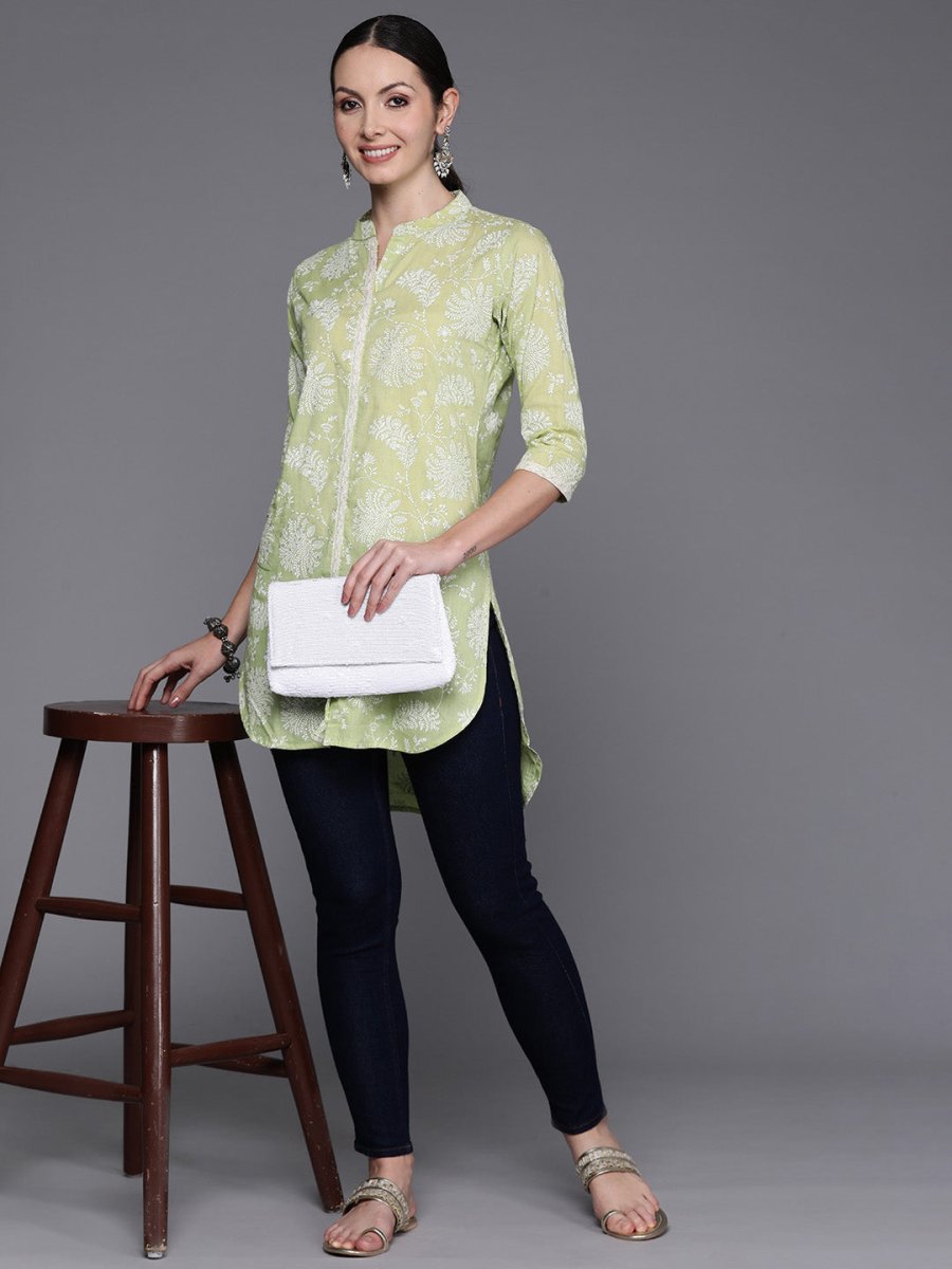 Ahalyaa Mandarin Collar Floral Printed Tunic with Lace Inserts Detail - Distacart