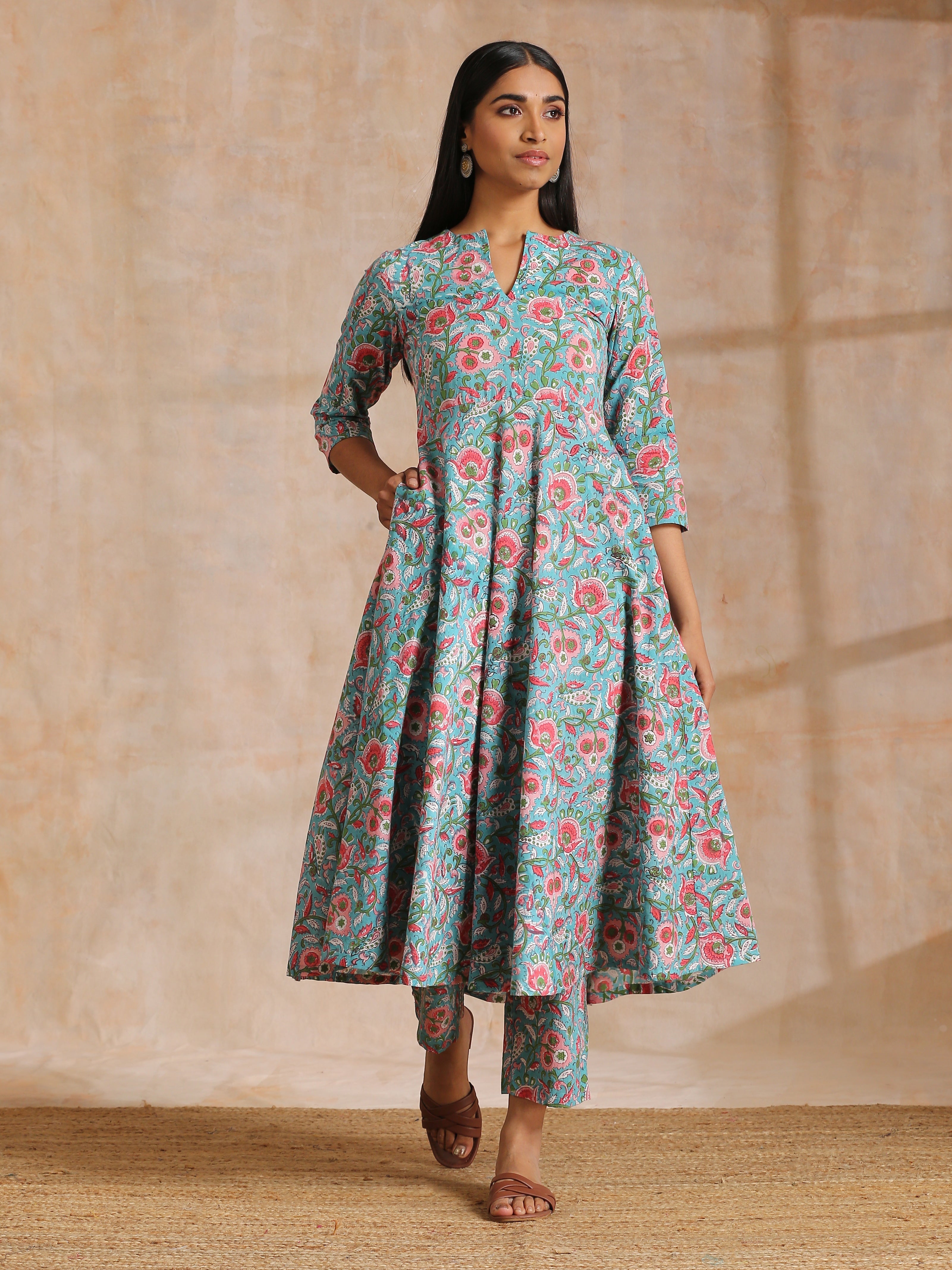 trueBrowns Turkish Blue Overall Floral Block Print Cotton Flared Kurta Pant Set - Distacart