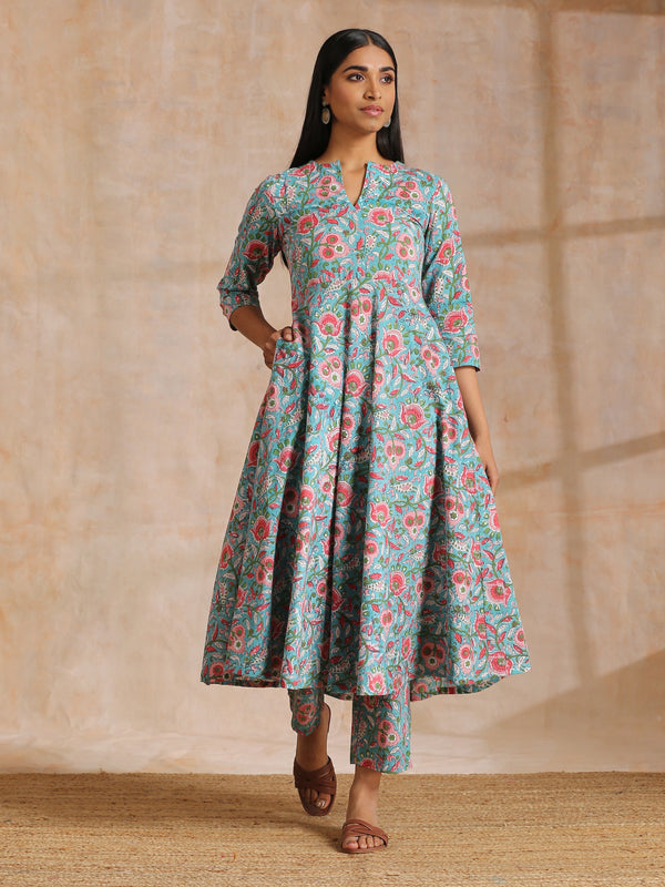 trueBrowns Turkish Blue Overall Floral Block Print Cotton Flared Kurta Pant Set - Distacart