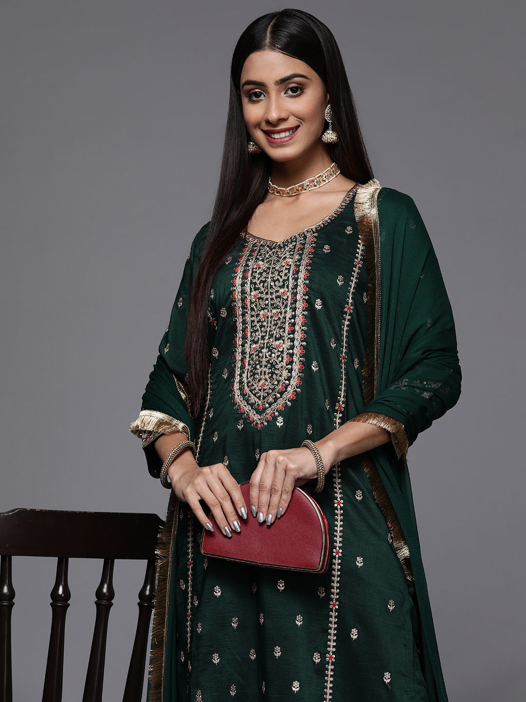 Varanga Green Embroidered Kurta Paired With Tonal Bottom And Dupatta - Distacart