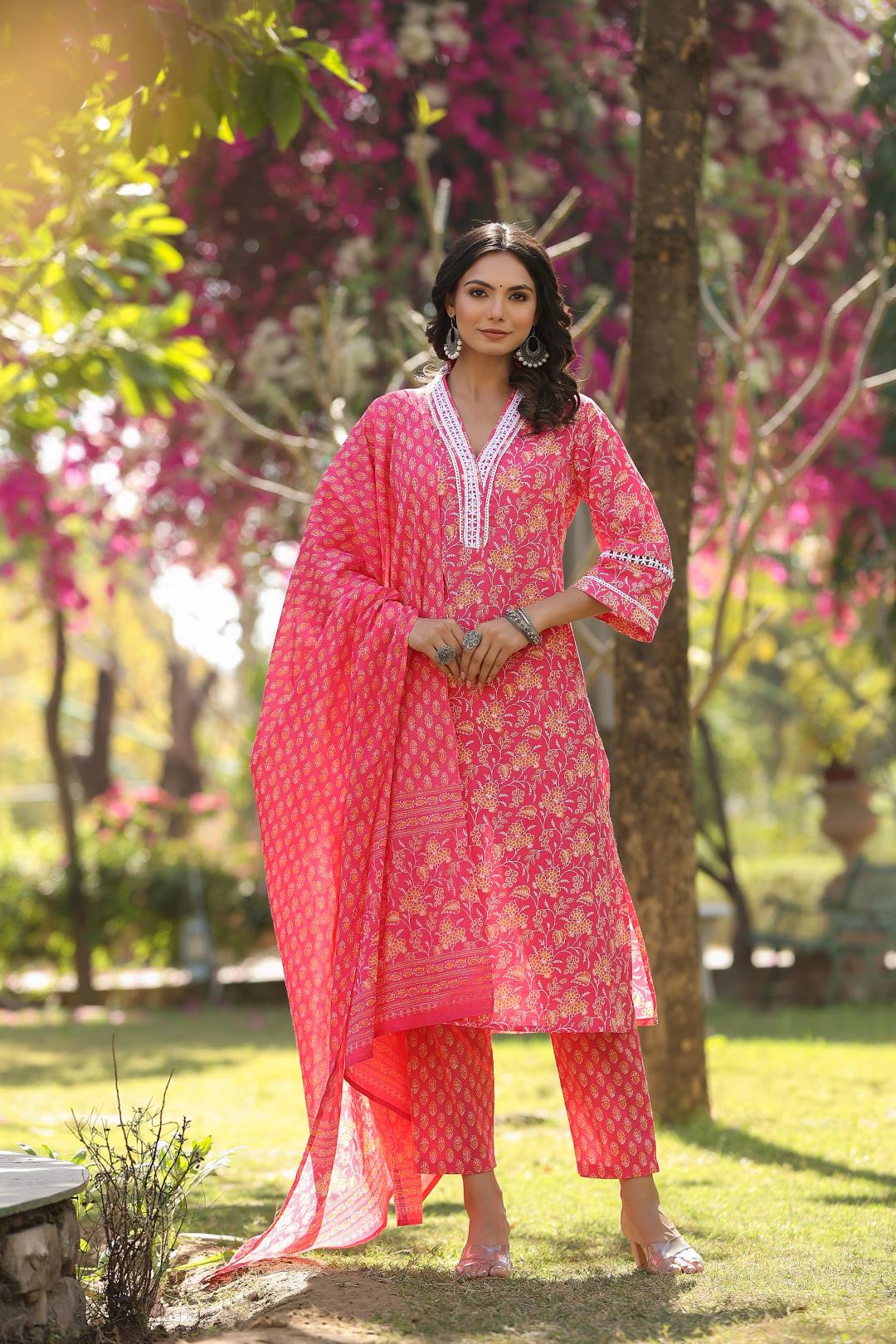 Varanga Women Pink V Neck Crochet Lace Detailed Kurta With Printed Bottom And Dupatta - Distacart