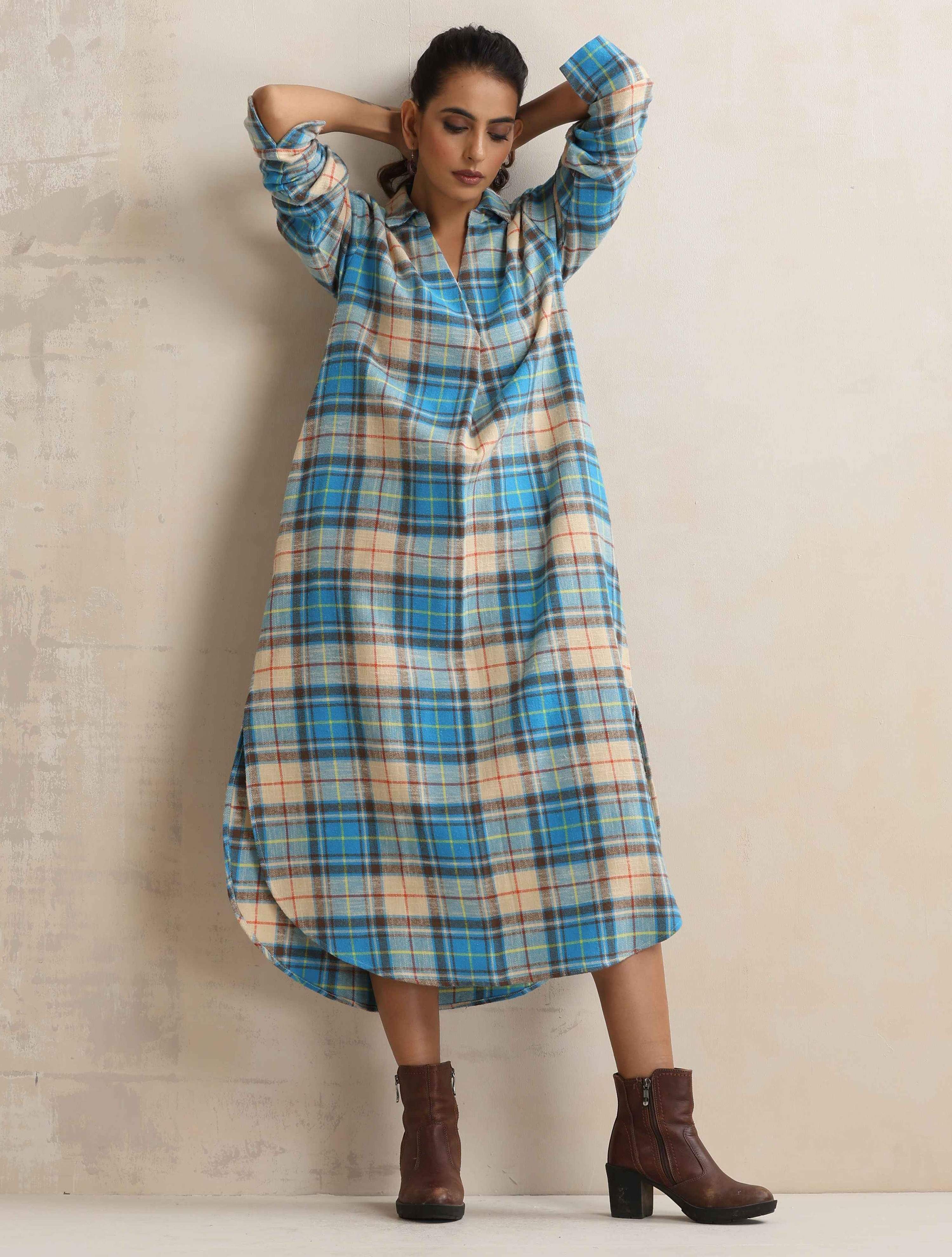 trueBrowns Beige Check Pleated Winter Dress - Distacart