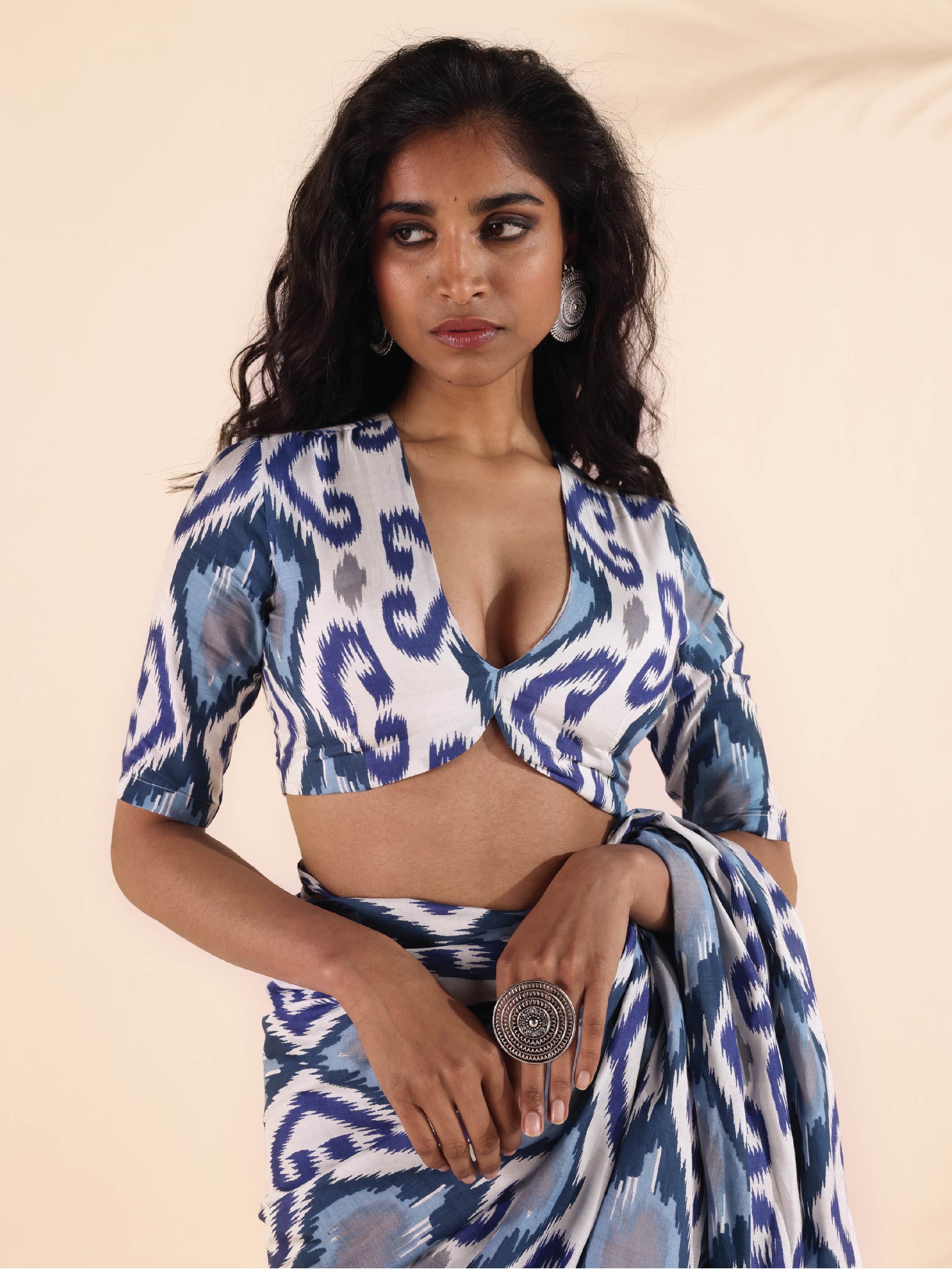 trueBrowns Blue Muslin Ikat Deep V-Neck Blouse - Distacart