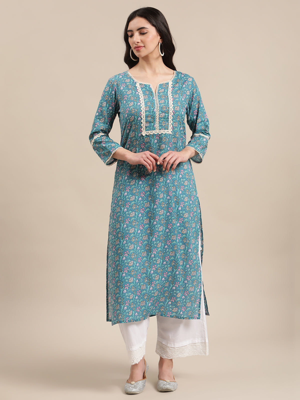 Varanga Blue Floral Printed Lace Embellished Kurta With 3/4Th Sleeves - Distacart