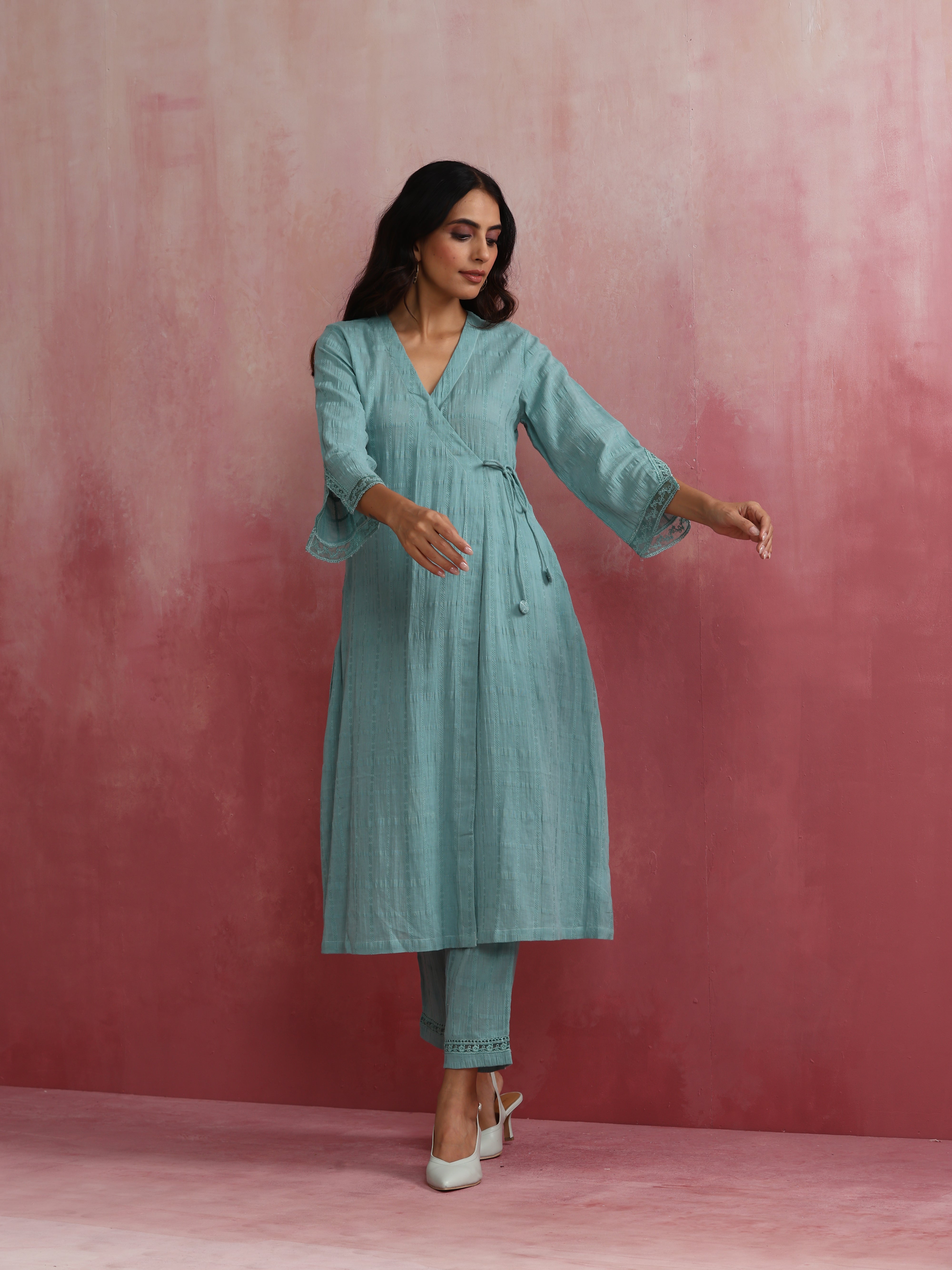 trueBrowns Aqua Blue Cotton Dobby Angrakha Kurta Set - Distacart
