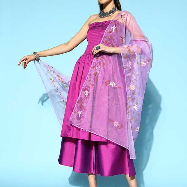 InWeave Purple Off Shoulder Silk Kurta Set -Mauve Hand Painted Dupatta - Distacart