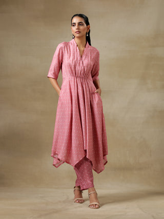 trueBrowns Light Mauve Bandhani Printed Silk Handkerchief Kurta Pant Set - Distacart