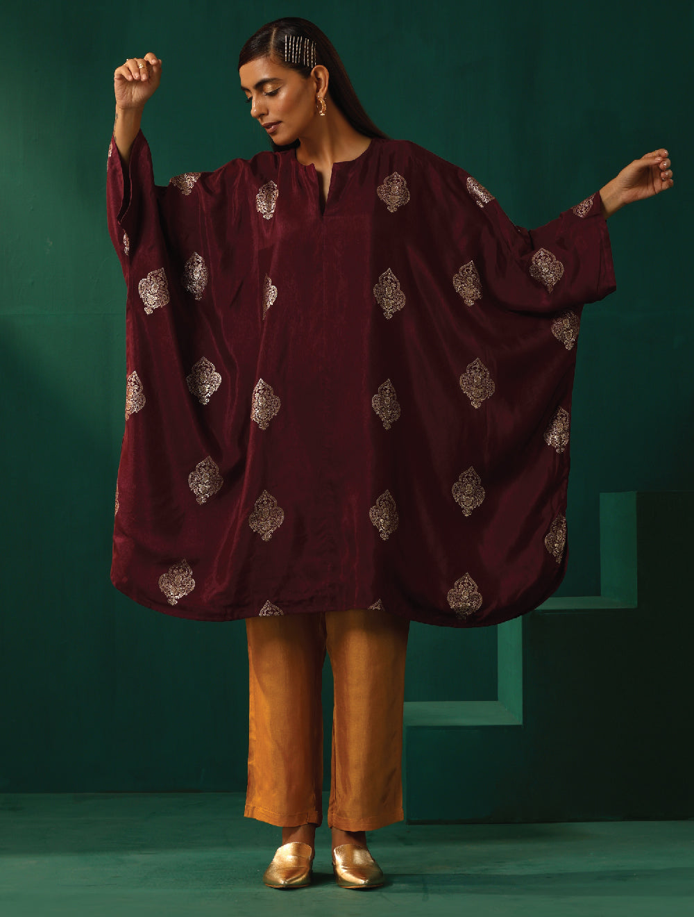 trueBrowns Wine Geometric Viscose Silk Kaftan Kurta Pant Set - Distacart
