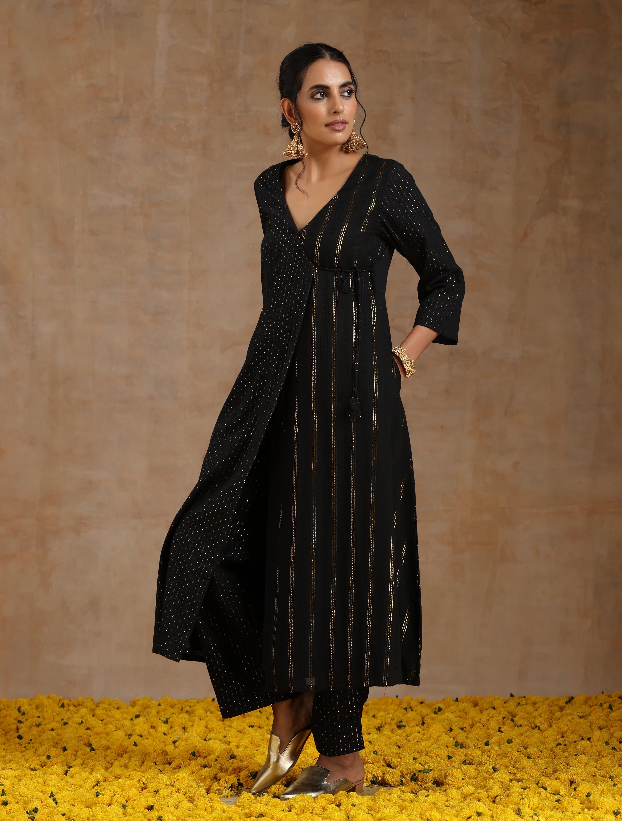 trueBrowns Black Gold Cotton Angrakha Kurta Set - Distacart