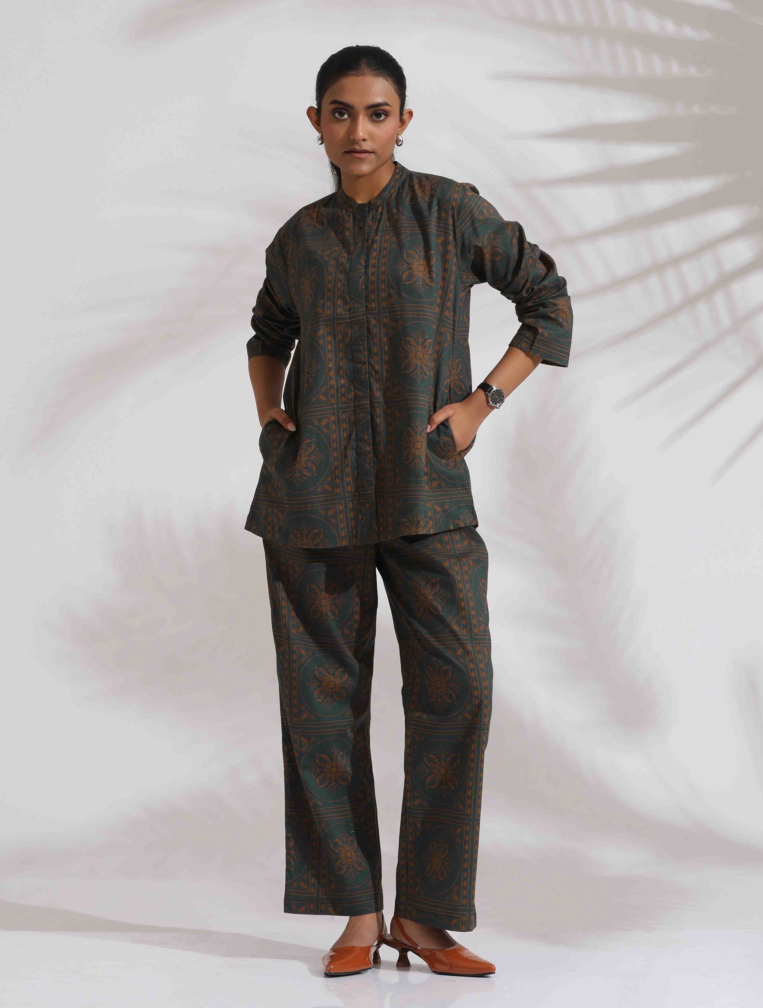 trueBrowns Green Cotton Print Shirt Top & Pants Co-ord Set - Distacart