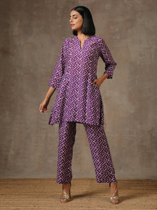trueBrowns Purple White Lehariya Printed Silk Co-Ord Set - Distacart