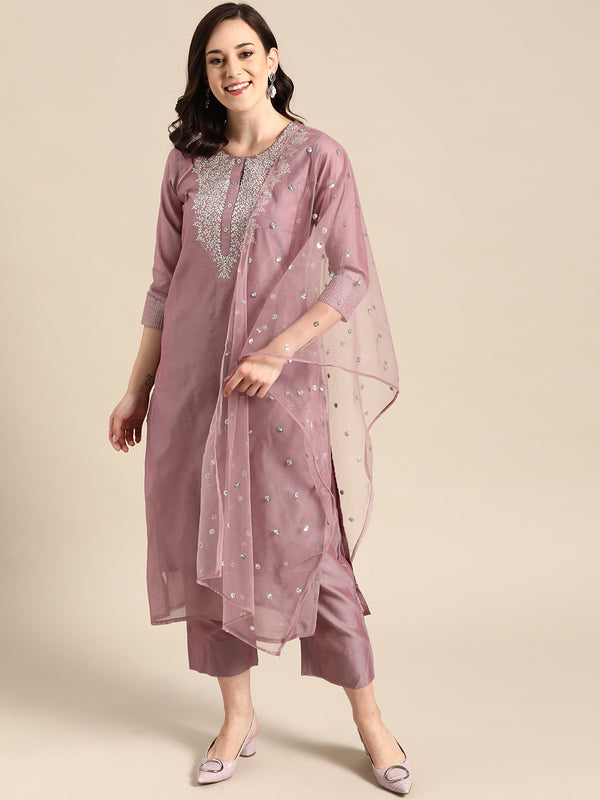 Varanga Women Mauve Floral Embroidered Regular Chanderi Silk Kurta With Trousers & With Dupatta - Distacart