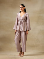 Thumbnail for trueBrowns Grey Textured Silk Deep V-Neck Co-Ord Set - Distacart