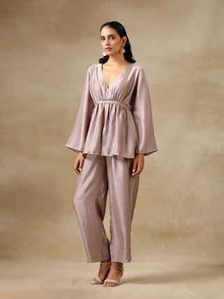 trueBrowns Grey Textured Silk Deep V-Neck Co-Ord Set - Distacart