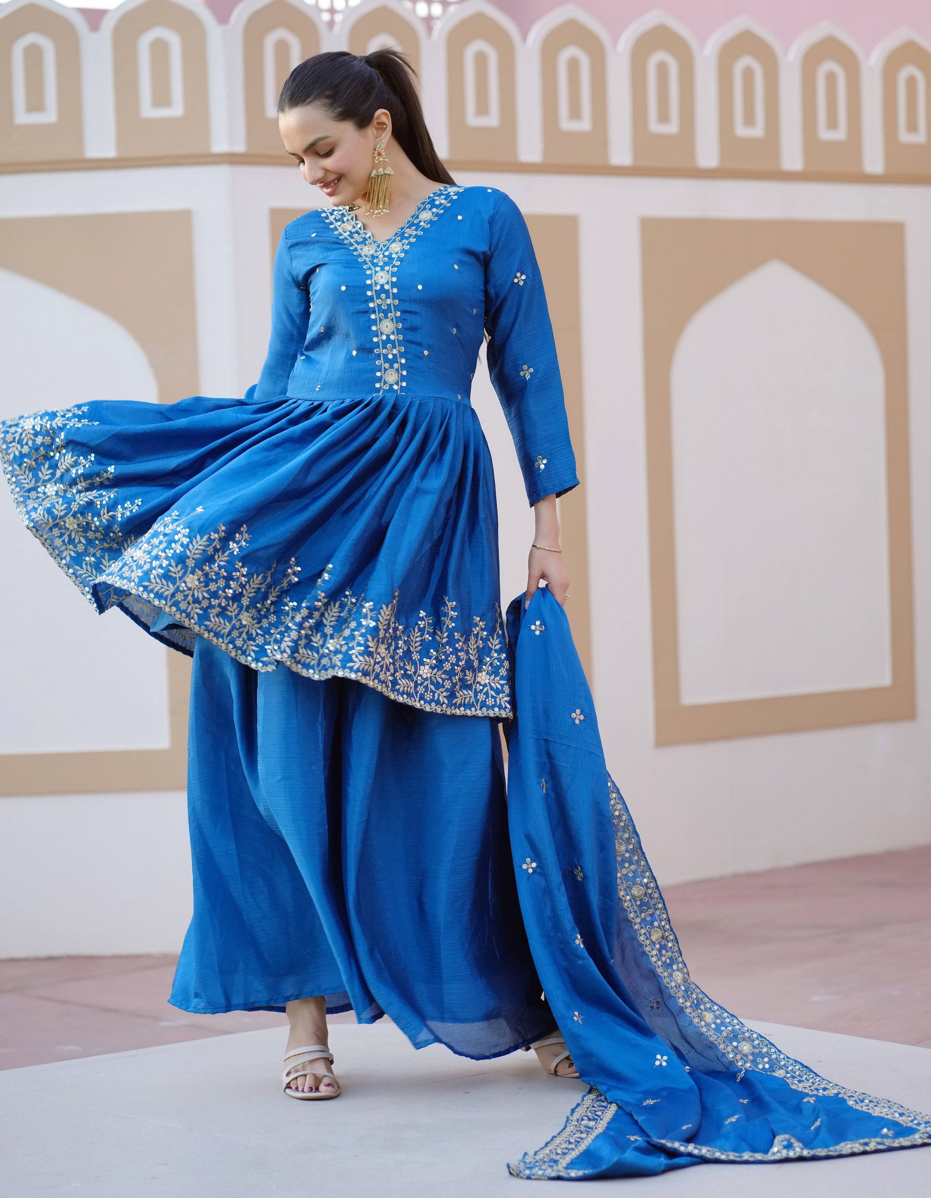 Yash Enterprise Glorious Blue Chinon Silk Embroidery Work Readymade Salwar Suit