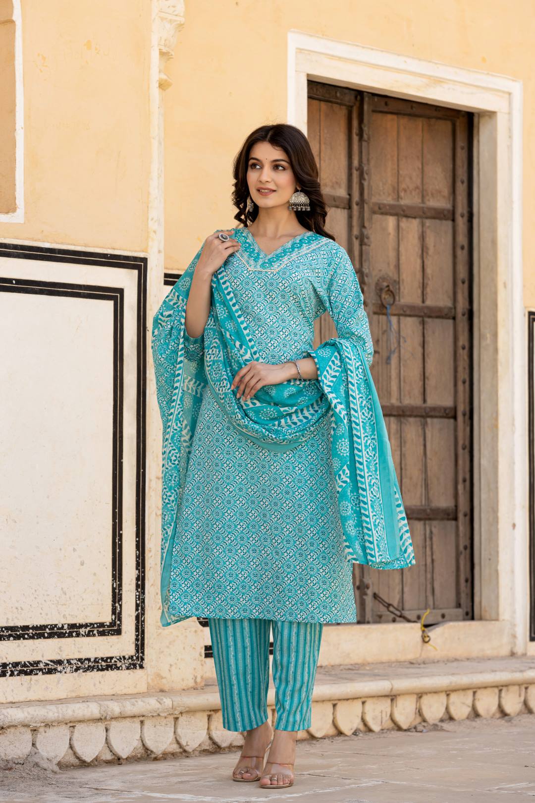 Varanga Women Blue V Neck Thread Embroidered Kurta Paired With Printed Bottom And Dupatta - Distacart
