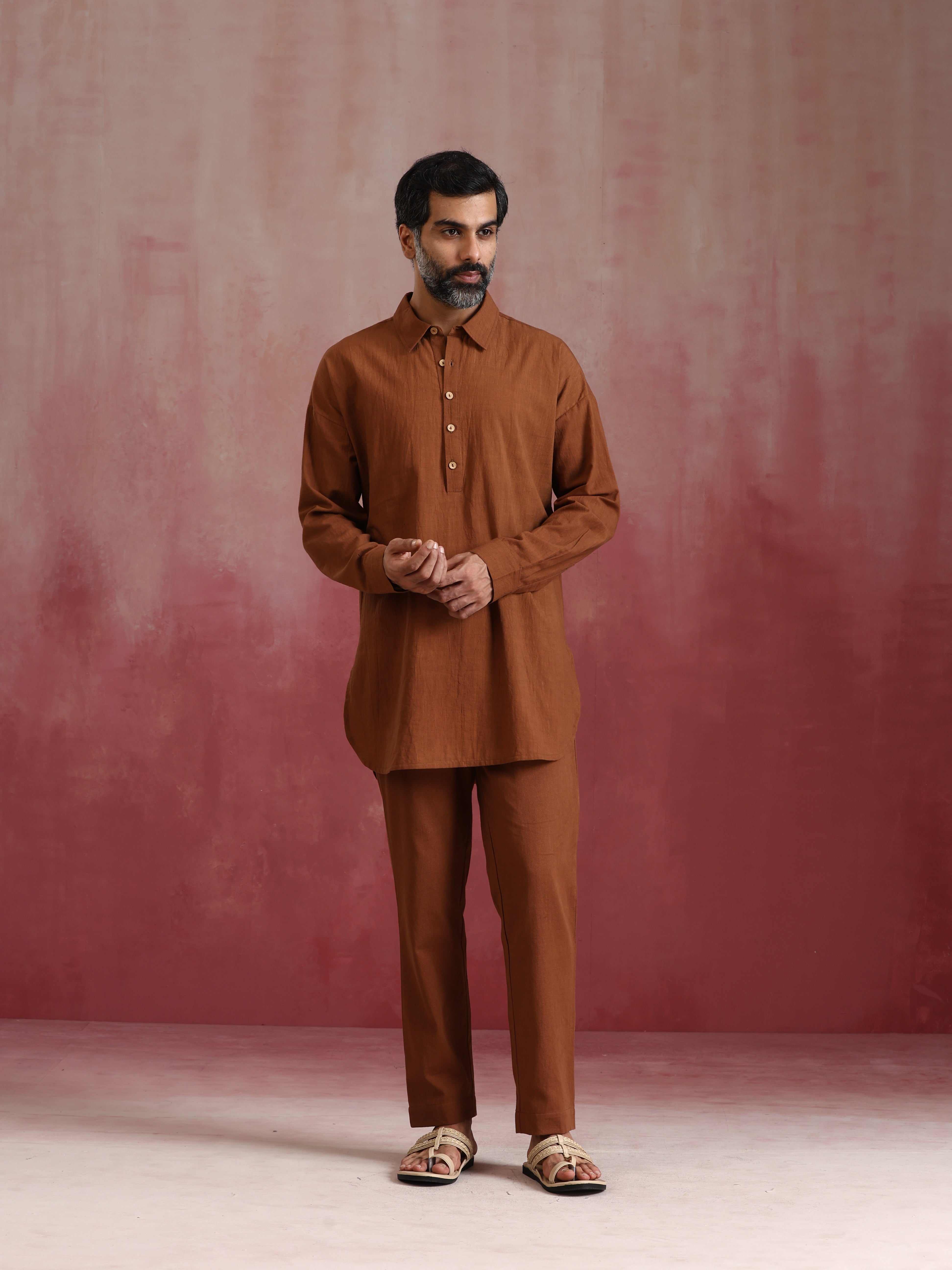 trueBrowns Men's Brown Cotton Shirt Collar Stylized Kurta Co-ord set - Distacart
