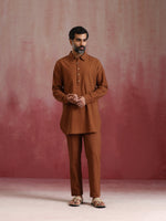 Thumbnail for trueBrowns Men's Brown Cotton Shirt Collar Stylized Kurta Co-ord set