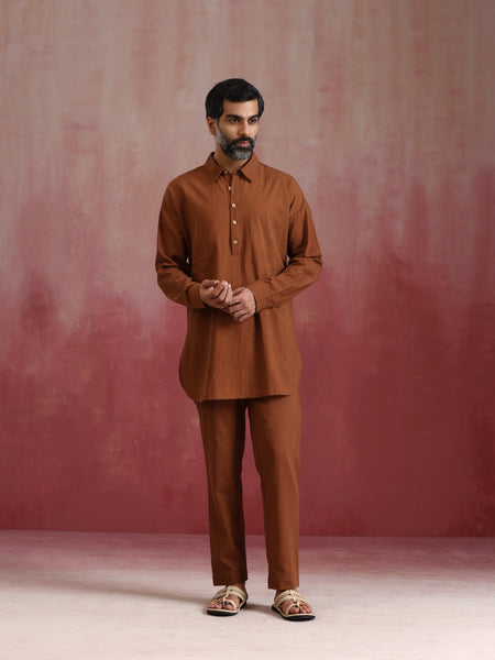 trueBrowns Men's Brown Cotton Shirt Collar Stylized Kurta Co-ord set
