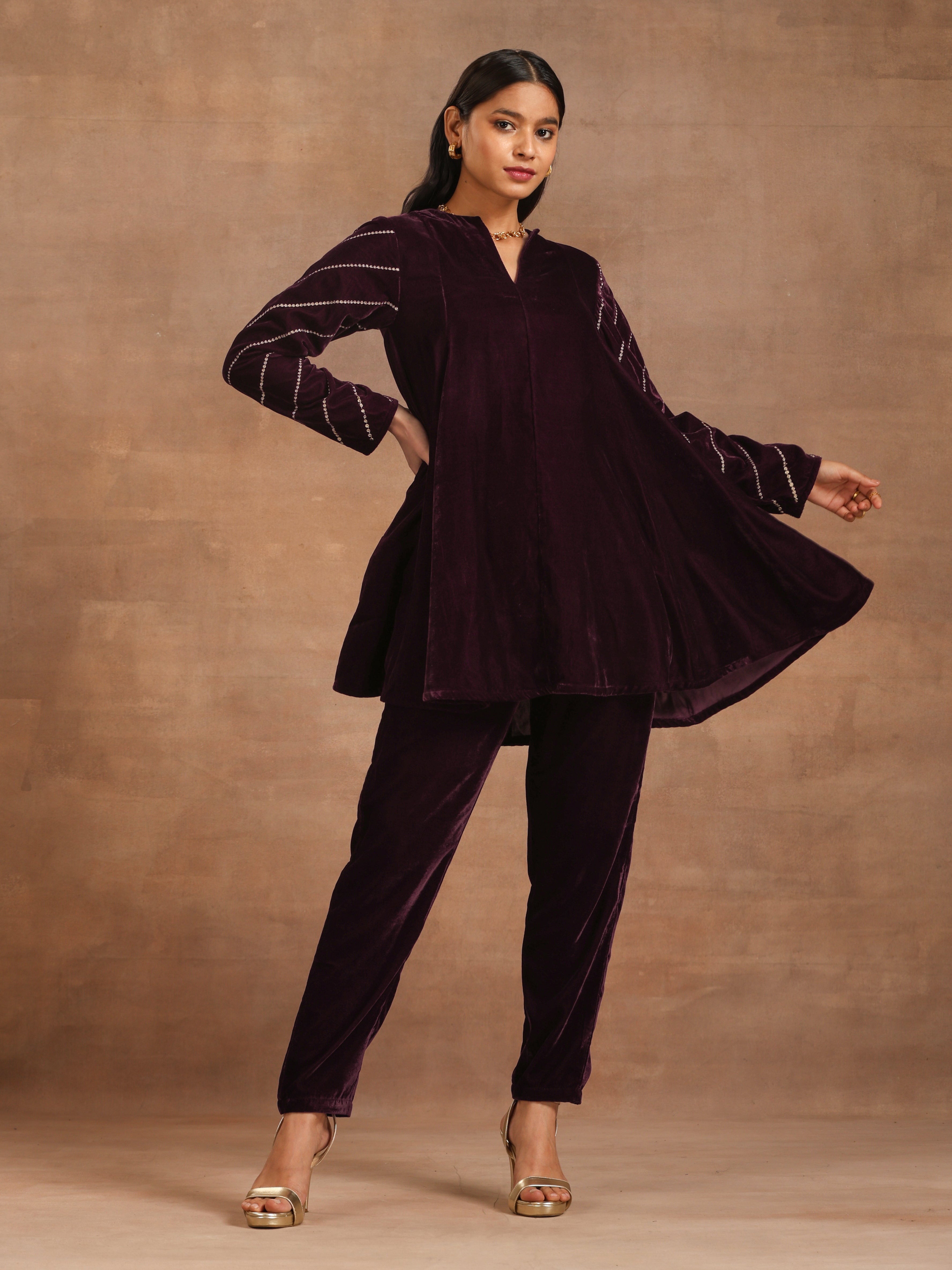 trueBrowns Wine Velvet Sleeve Embroidered Co-ord Set - Distacart