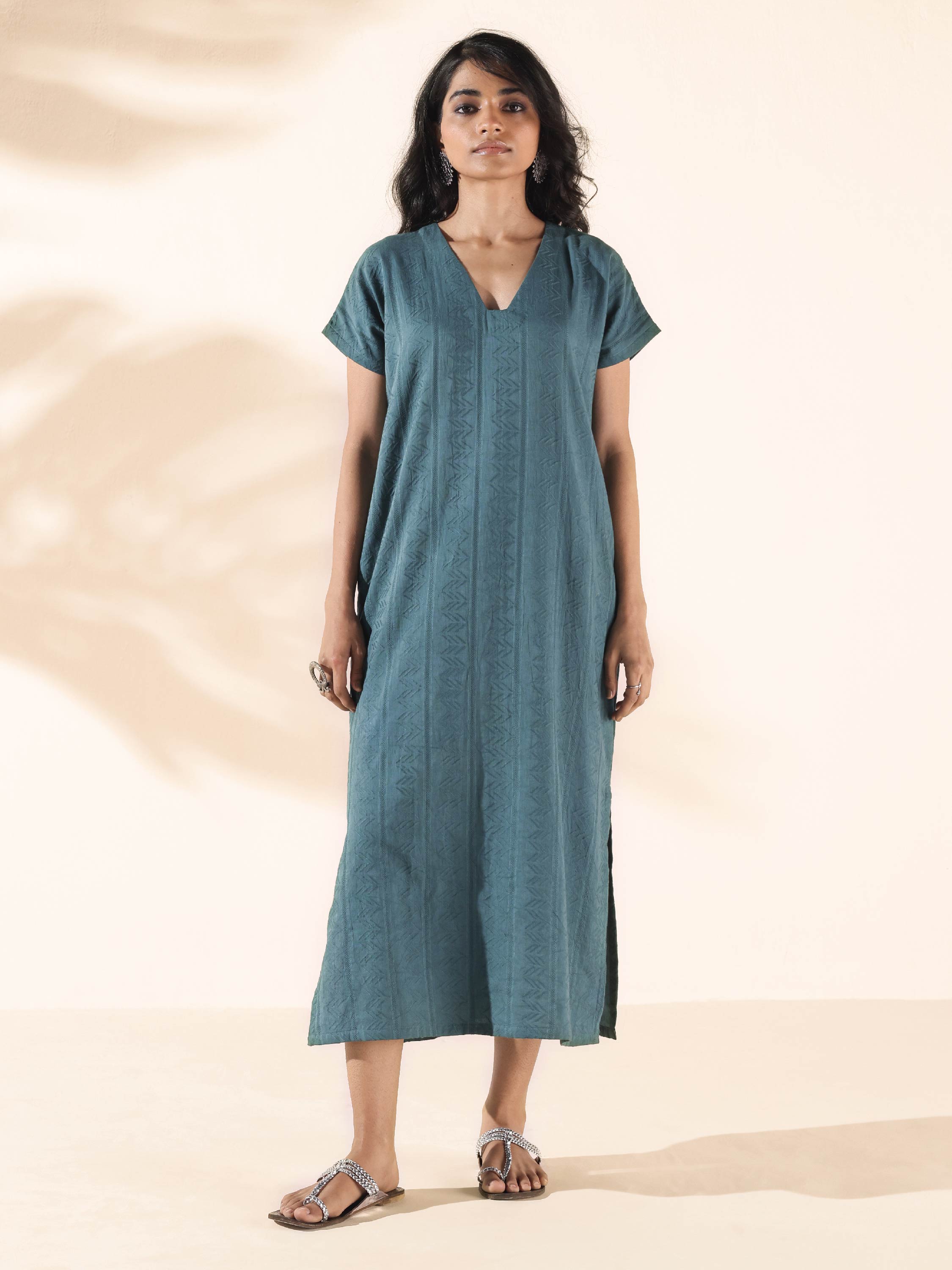 trueBrowns Turquoise Cotton Dobby Dress - Distacart