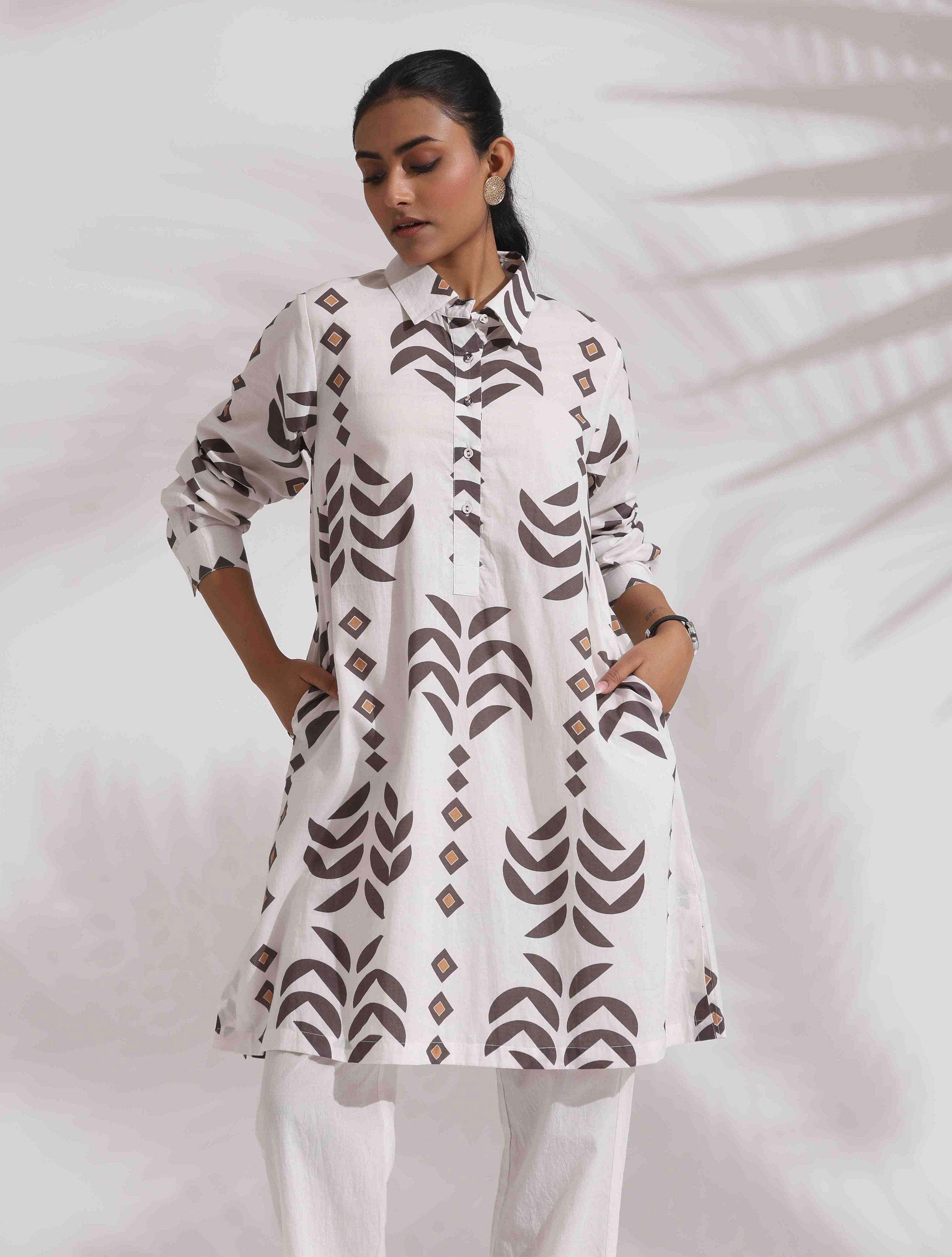 trueBrowns White Cotton Stripe Print Kurta Co-ord Set - Distacart