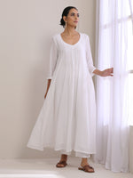 Thumbnail for trueBrowns White Dobby Front Pleated Long Kurta Pant Set - Distacart