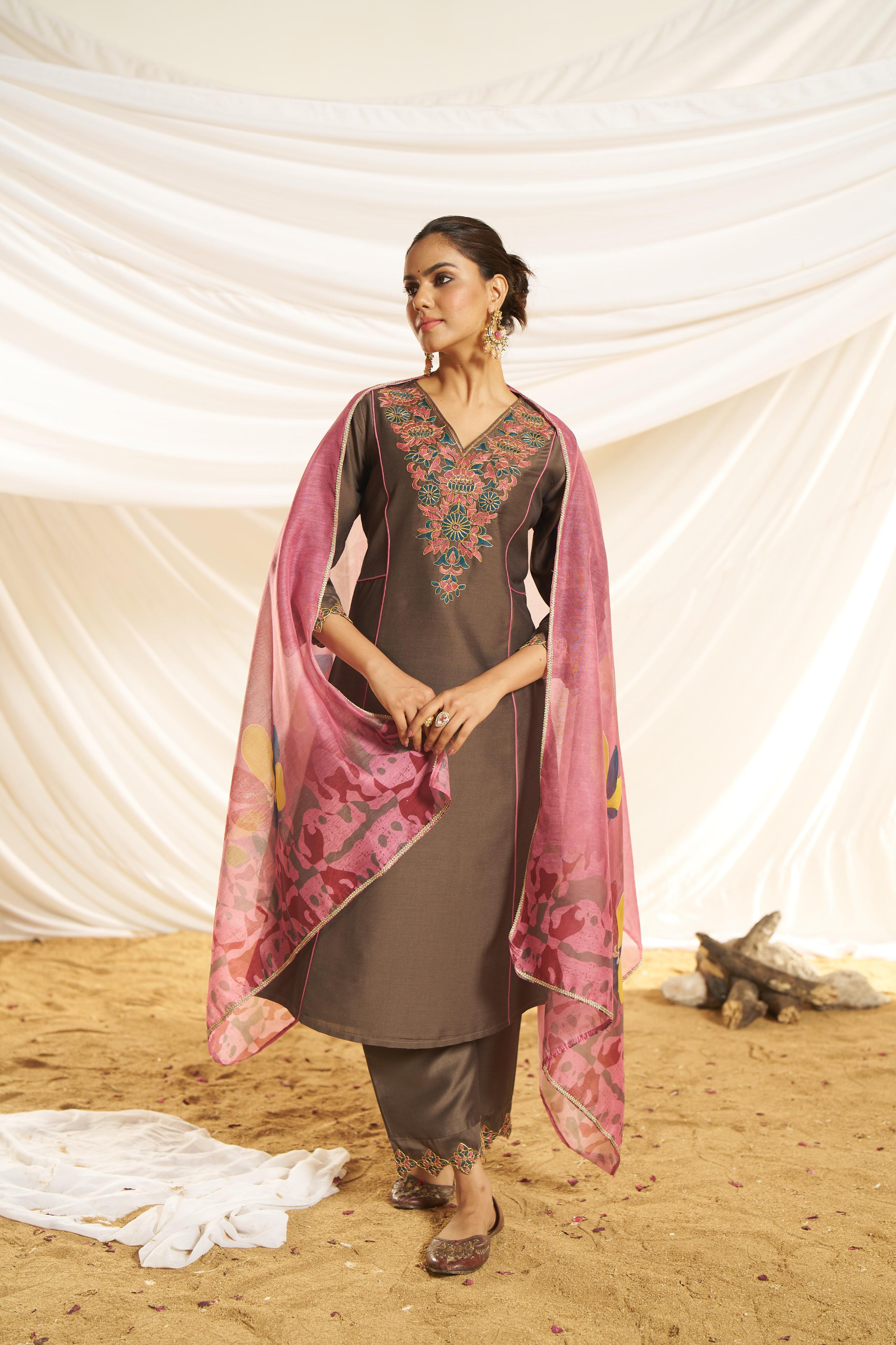 BulBul Women Brown Embroidered Premium Silk Straight-Shoulder Cut Suit With Dupatta