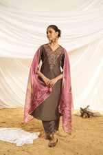 Thumbnail for BulBul Women Brown Embroidered Premium Silk Straight-Shoulder Cut Suit With Dupatta