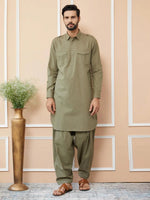 Thumbnail for Fabmade Olive Cotton Linen Pathani Kurta With Salwar