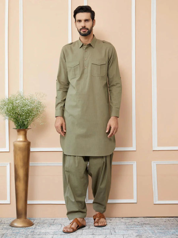 Fabmade Olive Cotton Linen Pathani Kurta With Salwar