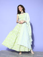 Thumbnail for Ahalyaa Pure Cotton Green & White Printed Khari Print Ready to Wear Lehenga & Blouse With Dupatta - Distacart