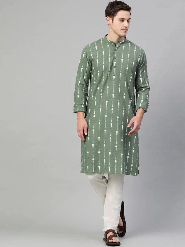 Fabmade Green And White Printed Straight Kurta Pyjama